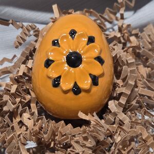 Vtg Hand-Painted Ceramic Egg – Sunflower Daisy Design The Egg Lady Type Folk Art